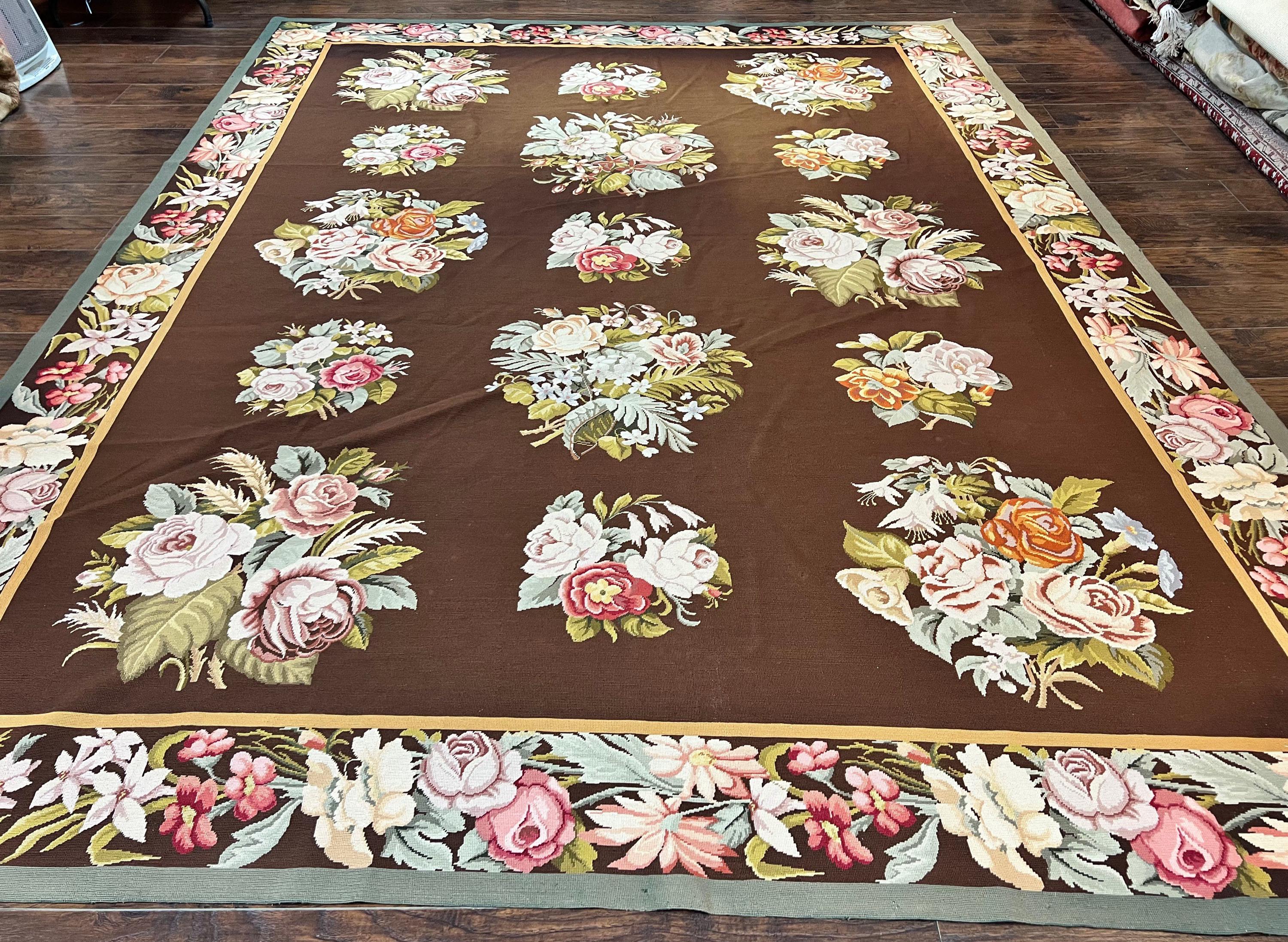 Vintage Needlepoint Rug 9x12, Large Handmade Hand-woven