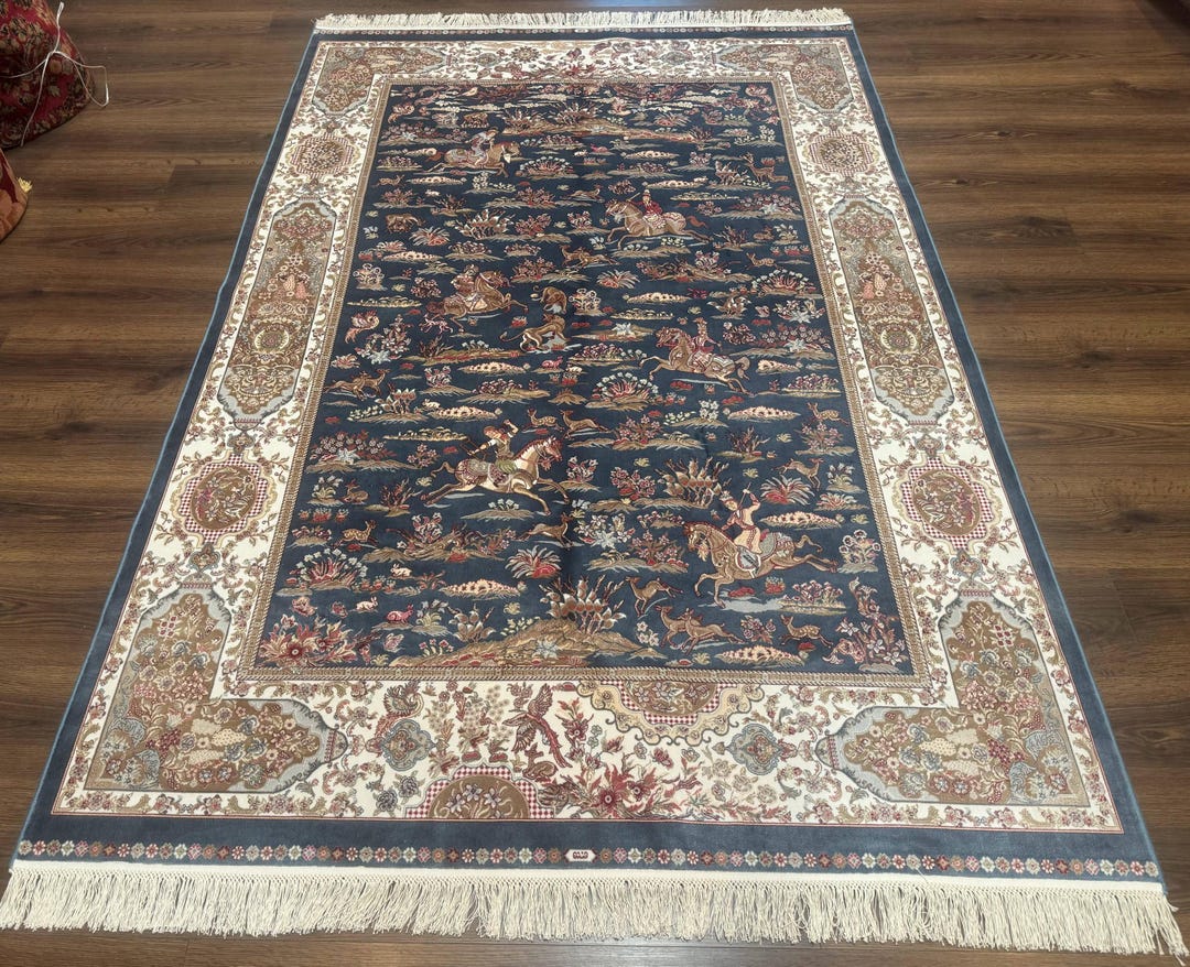 Turkish Silk Rug 5x8, Hunting Design, Animal Pictorials, Steel Blue ...