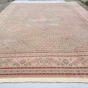 Stunning Oversized Sino Persian Oriental Rug 12x15, Hand Knotted Wool & Silk Palace Sized Carpet, Mahi Pattern, Very Fine, Peach Beige, Wow
