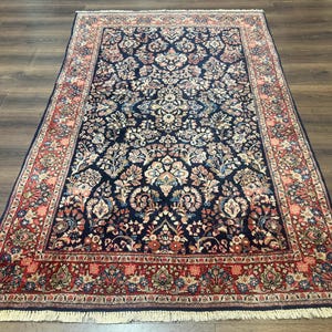 Navy Blue Persian Rug 4x6, Sarouk Mohajeran Carpet, Antique Persian Rug, Floral