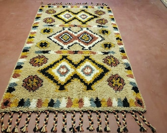 Portuguese Rya Style Shag Rug Moroccan Design, 4x6 Vintage Colorful Geometric Rug, Handmade Wool Gold Tan, Soft Pile Rug