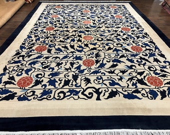 10x14 Chinese Peking Rug, Allover Pattern, Beige Black Blue Red, Handmade Hand Knotted Vintage 1940s Antique Living Room Chinese Carpet Nice