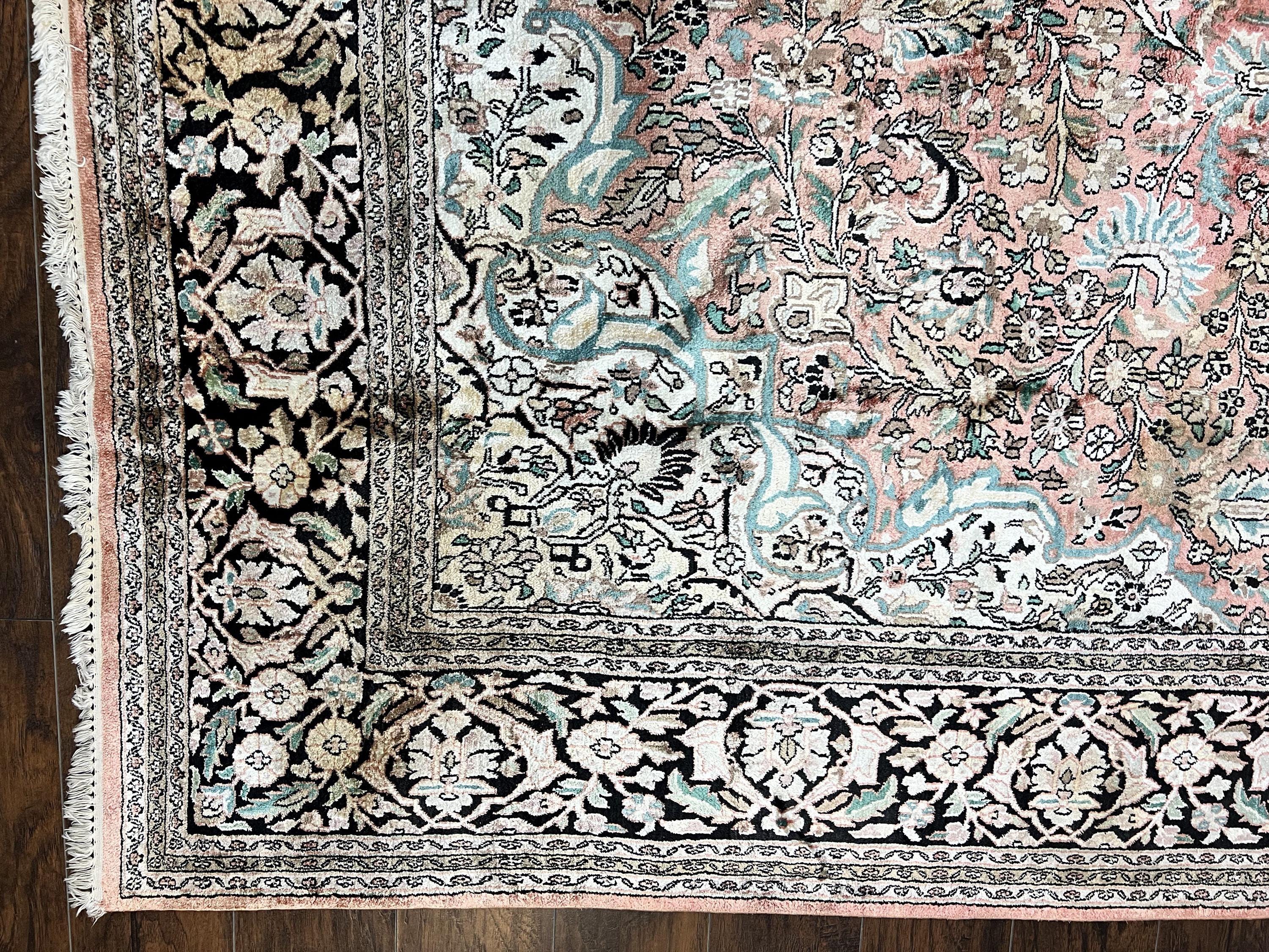 インド カシミール シルク ラグ 9 x 12、ヴィンテージ ラグ 9 x