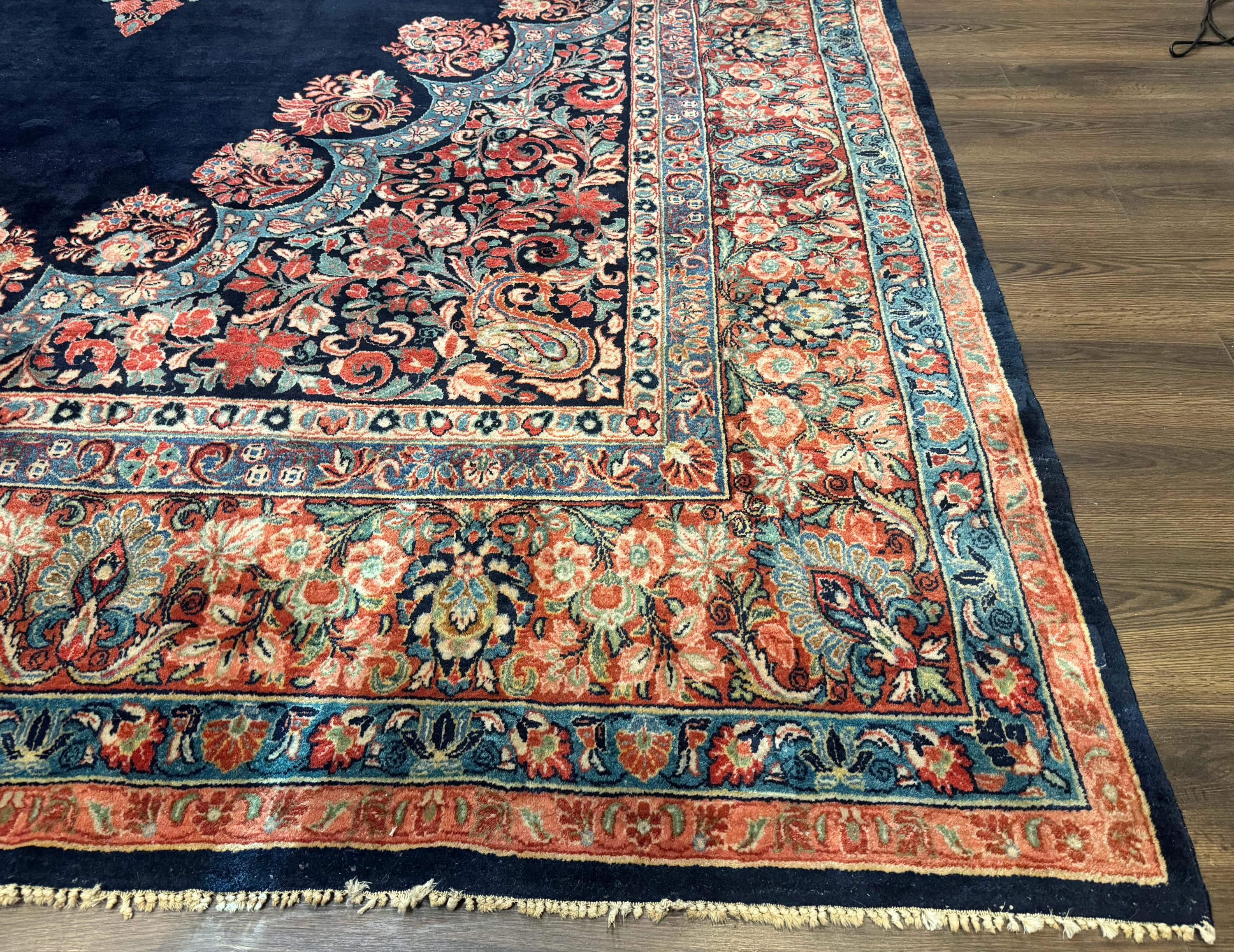 Persian Sarouk Rug 10x16 – Navy Blue and Red, Hand-knotted Wool Antique ...