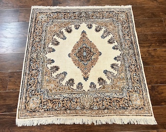 Square Persian Kirman Rug 4x4, Hand Knotted Semi Antique Vintage Carpet, Semi Open Field, Handmade Wool Square Rug