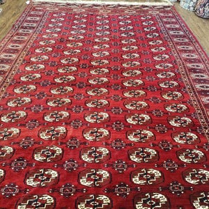 Persian Turkoman Rug 8 x 12.5, Bokhara Turkoman Carpet, Fine Oriental Rug, Vintage Wool Handmade Area Rug, Red Black Cream, Room Sized