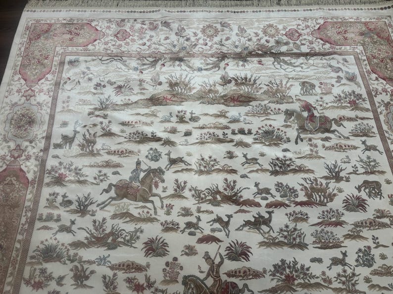 Large Turkish Silk Rug 8x10, Ivory, Hunting Design, Bamboo Silk, New - Etsy