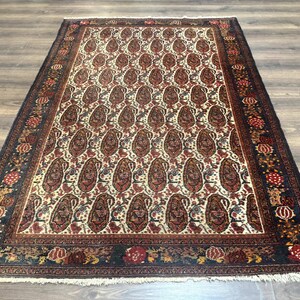 Antique Persian Kurdish Senneh Rug 4.6 x 6.5, Repeated Paisely Boteh Design, Handmade