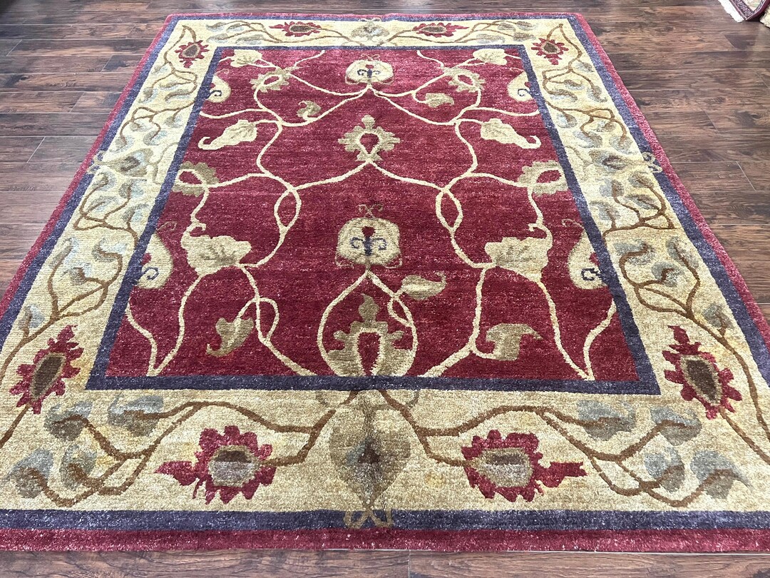 Timboon Rug Tibetan Aubusson Rug 8x10, Maroon and Beige, Floral, Handmade, Wool ...