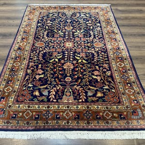 Indo Persian Sarouk Rug 4x6, Blue and Rust Red
