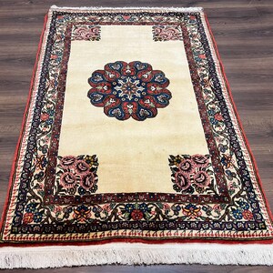 Persian Rug 3x5, Open Field Medallion, Hand Knotted, Ivory/Cream Red Blue, Wool Oriental Carpet, 3 x 5 Vintage Area Rug, Floral Roses, Fine