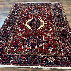 Persian Karajeh Rug 5x6, Antique Heriz Carpet, Geometric, Persian Tribal Rug, Brick Red Navy Blue