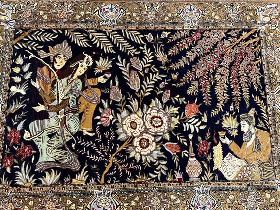 ペルシャ絵画ラグ 4.8 x 6.5、レイラとマジュヌーン愛好家の花鳥、極細