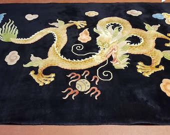Rare Antique Chinese Art Deco Rug 6x9 with Dragon, Black Chinese Carpet 6 x 9, Hand Knotted Wool Area Rug