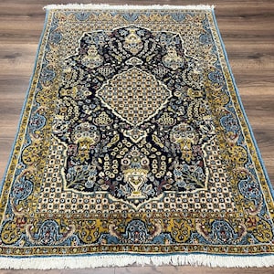 Fine Persian Rug 3x5, Semi Antique Vintage Oriental Carpet, Floral Medallion, Highly Detailed, Hand Knotted, Navy Blue, Wool Area Rug, Birds