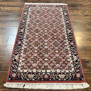 Indo Persian Rug 3x5, Red and Navy Blue, Wool Vintage Handmade Small Carpet 3 x 5 ft, Herati Pattern, Bidjar Rug