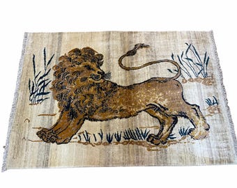 Alfombra vintage nueva de 3,5 x 4 pulgadas, hecha a mano, anudada a mano, de lana de calidad, con tintes orgánicos Lion