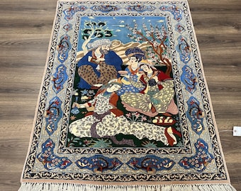 Fine Persian Pictorial Rug 3.7 x 5, Kork Wool on Silk Foundation, Blue Persian Carpet, Hand Knotted, Humans Birds, High KPSI, Semi Antique