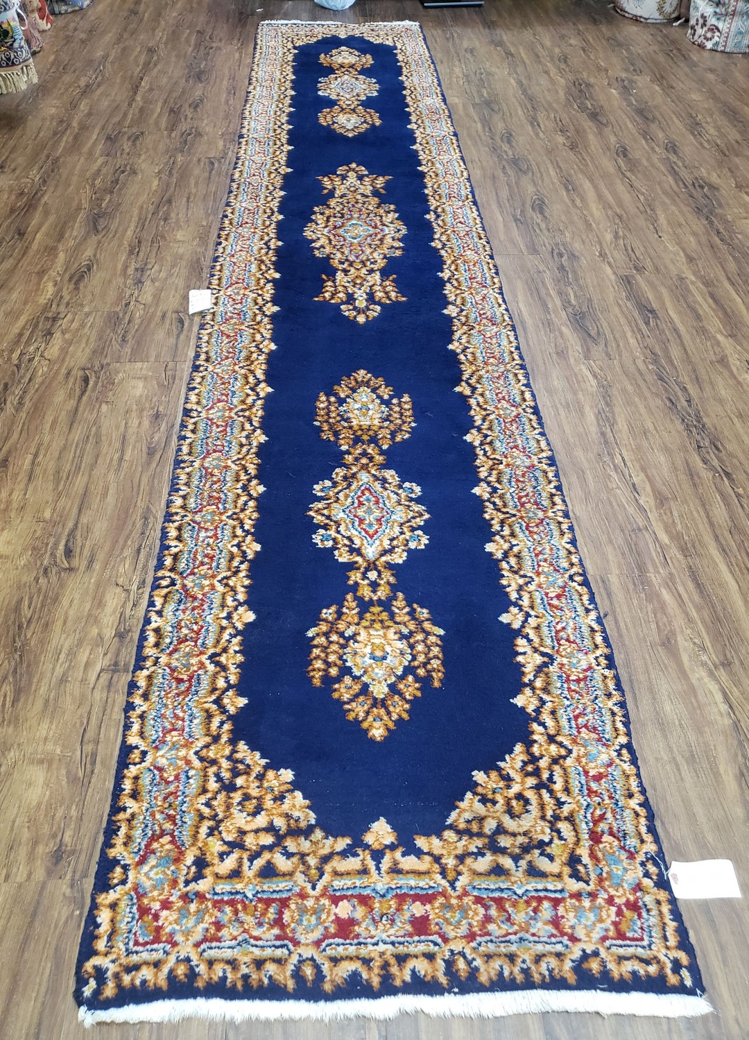 Semi Antique Dark Blue Persian Runner Rug, Medallions & Open Field
