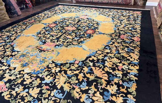 アンティーク中国製北京絨毯 12.6 x 14.9インチ、宮殿サイズのアジアン 
