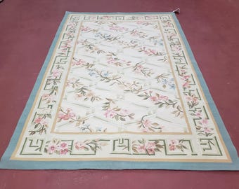 Vintage Aubusson Area Rug, Aubusson Flat weave Carpet, Floral Geometric Pattern, Beige Teal Green, 4x6 Rug, European Design