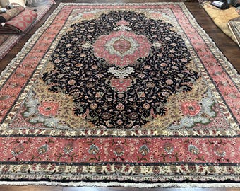 Magnificent Persian Rug 11x16, Oversized Persian Carpet 11 x 16 ft, Wool on Silk Finely Hand Knotted, 450 KPSI, Floral Medallion, Black Pink