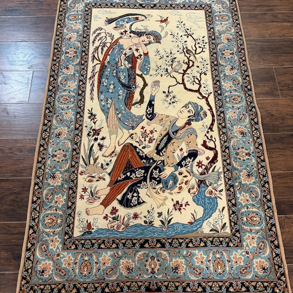 Persian Pictorial Rug, Two Lovers, Kork Wool on Silk Foundation, Ivory and Light Blue, 500 KPSI Super Fine