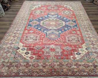 Heriz Rug 8x10, Geometric Wool Carpet, Red Blue