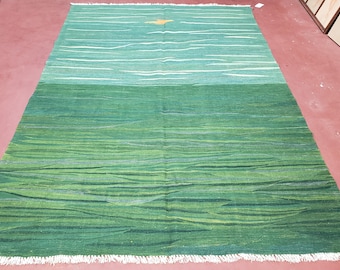 Green Turkish Kilim Rug, 6x9 - 7x10 Rugs, Bird, Handmade New Area Rug, Wool, Bohemian Boho Decor, Hand Woven, Modern Abstract Flat Weave Rug