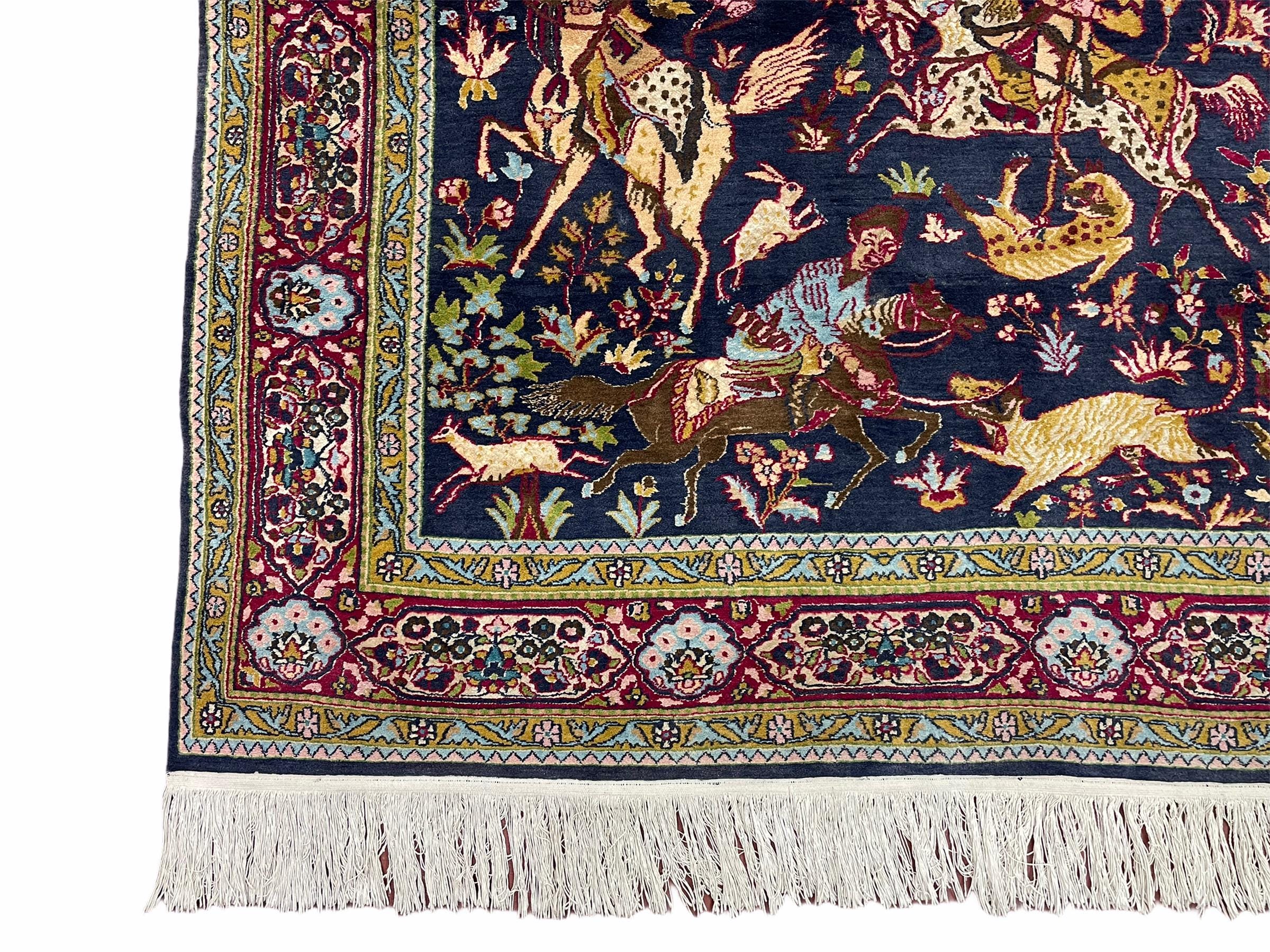 インド カシミール ウール & シルク ラグ 4 x 6 フィート、狩猟