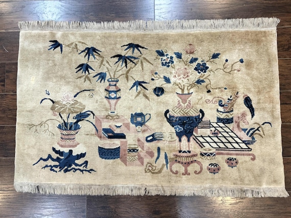 Chinesischer Teppich 150x300, Handgewebter Antiker Vintage Teppich, Vasen Blumen, Chinesischer Wollteppich