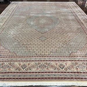 Pak Persian Rug 12x15, Wool & Silk Hand Knotted Vintage Carpet, Mahi Herati Pattern, Beige, Traditional Oversized Extra Large Oriental Rug