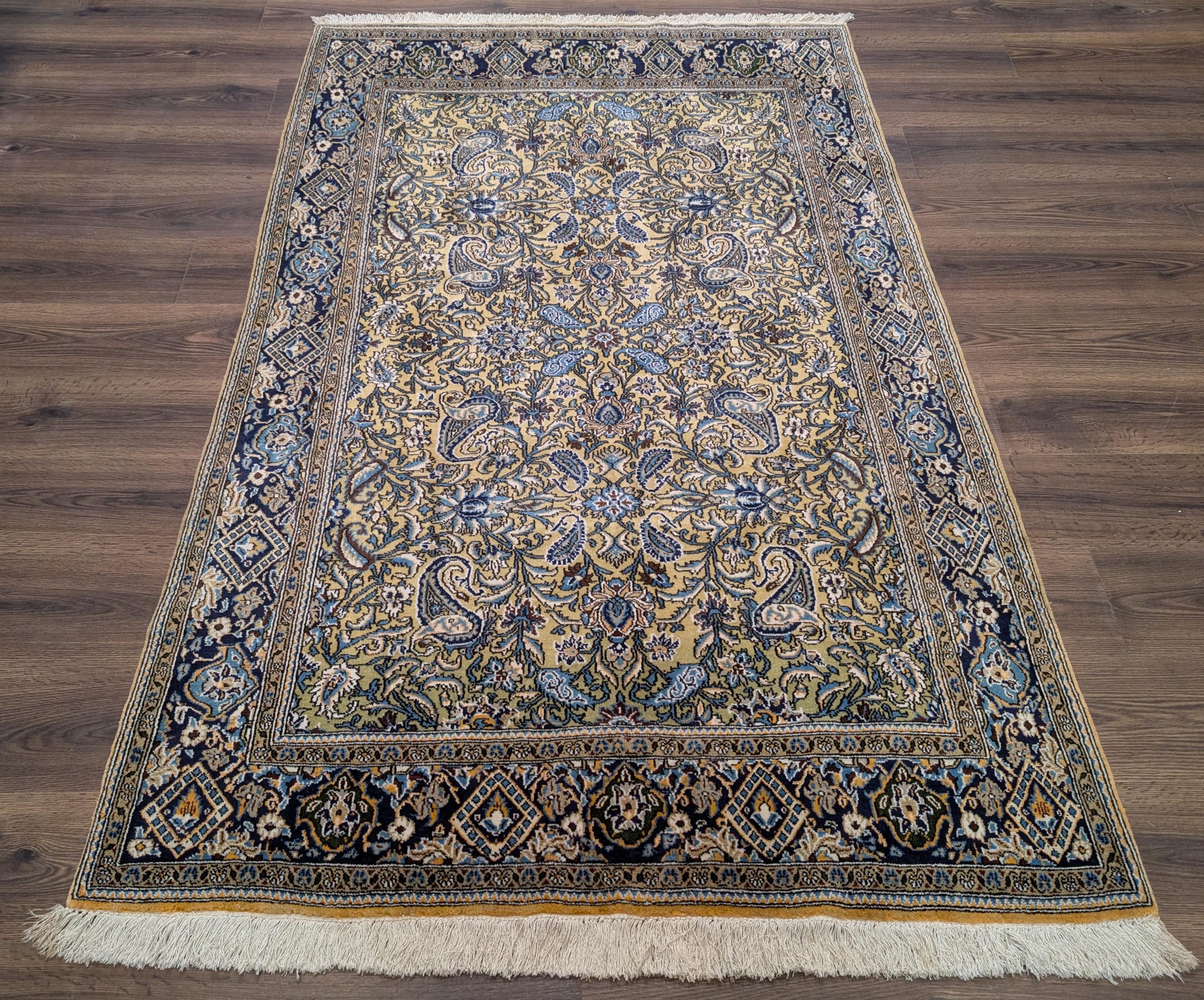 Persian Qum Rug 5x7, Gold and Navy Blue, Paisley-boteh, Allover