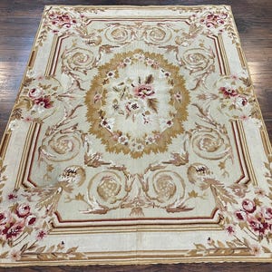 Aubusson Needlepoint Rug 4x5 ft, Beige and Tan, Aubusson Savonnerie Vintage Carpet, Handwoven Handmade Wool Rug, European Design Floral Rose