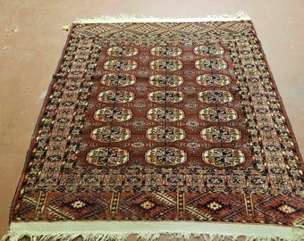 4' X 4' Antique Handmade Turkoman Bokhara Balouch Woven Wool Rug Brick Red Nice