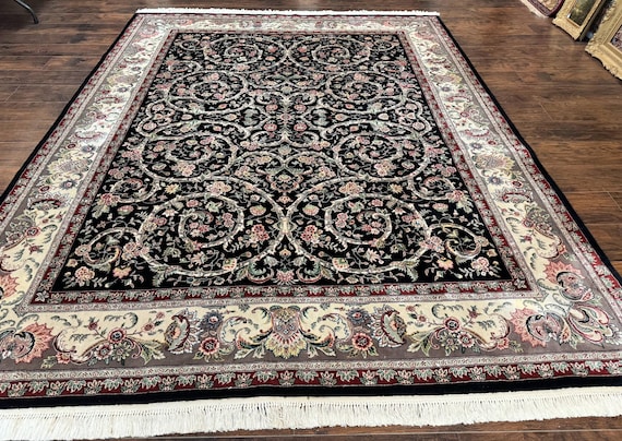 Schwarzer Pak Perser Teppich 200x300, Handgeknüpfter Vintage Wollteppich mit Seidenhöhepunkten
