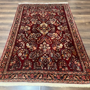 Antique Persian Sarouk Rug 4x6, Floral, Red and Navy Blue, Wool Hand Knotted, Fine 225 KPSI