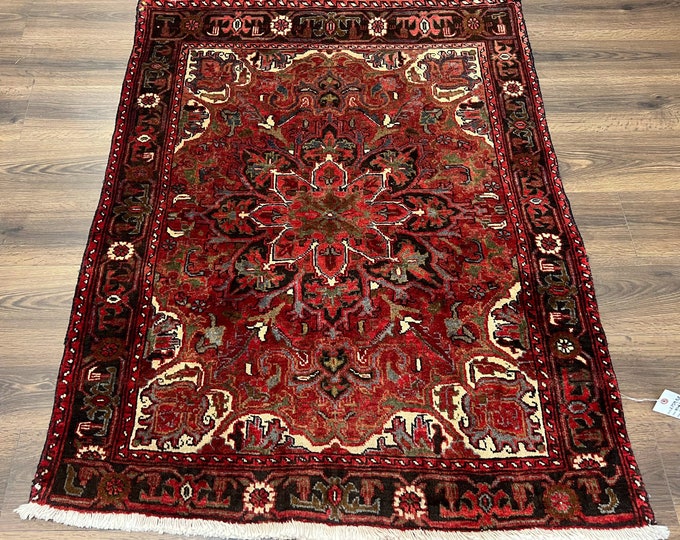 Antique Persian Rug 3x5, Geometric Heriz Carpet, Wool Hand Knotted