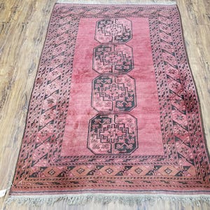 Antique Bukhara Area Rug, Vintage Afghan Bokhara Bashir Rug, 4x6 Hand-Knotted Oriental Carpet, Red & Black Wool Rug, 4' x 5'9