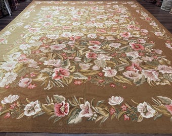 Großer Gobelinteppich 11x40, Vintage Floraler Wollteppich in Karamell