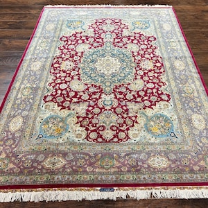 Stunning Persian Rug 5x7, Signed by Masterweaver, Maroon, Floral Medallion, Ultra Fine 70 Raj 625 KPSI, Kork Wool Silk Foundation, Handmade