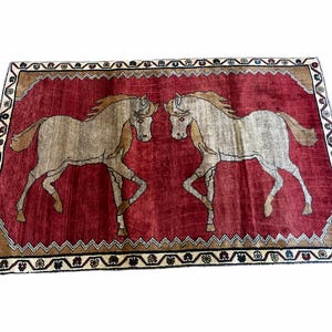 4 X 6 Handmade Hand-Knotted New Vintage Rug Wool Horses Red Organic Dyes Tribal