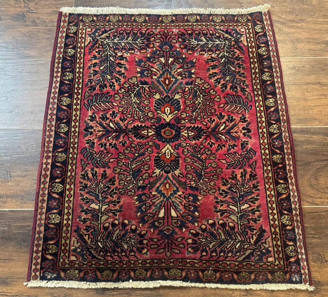 Small Square Persian Sarouk Rug 2x2 Ft, Red and Navy Blue, 1920s Sarouk ...
