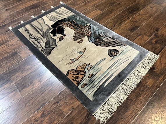 Chinese Silk Wall Hanging 3x5, Handmade, River and Boat Scene, Rug