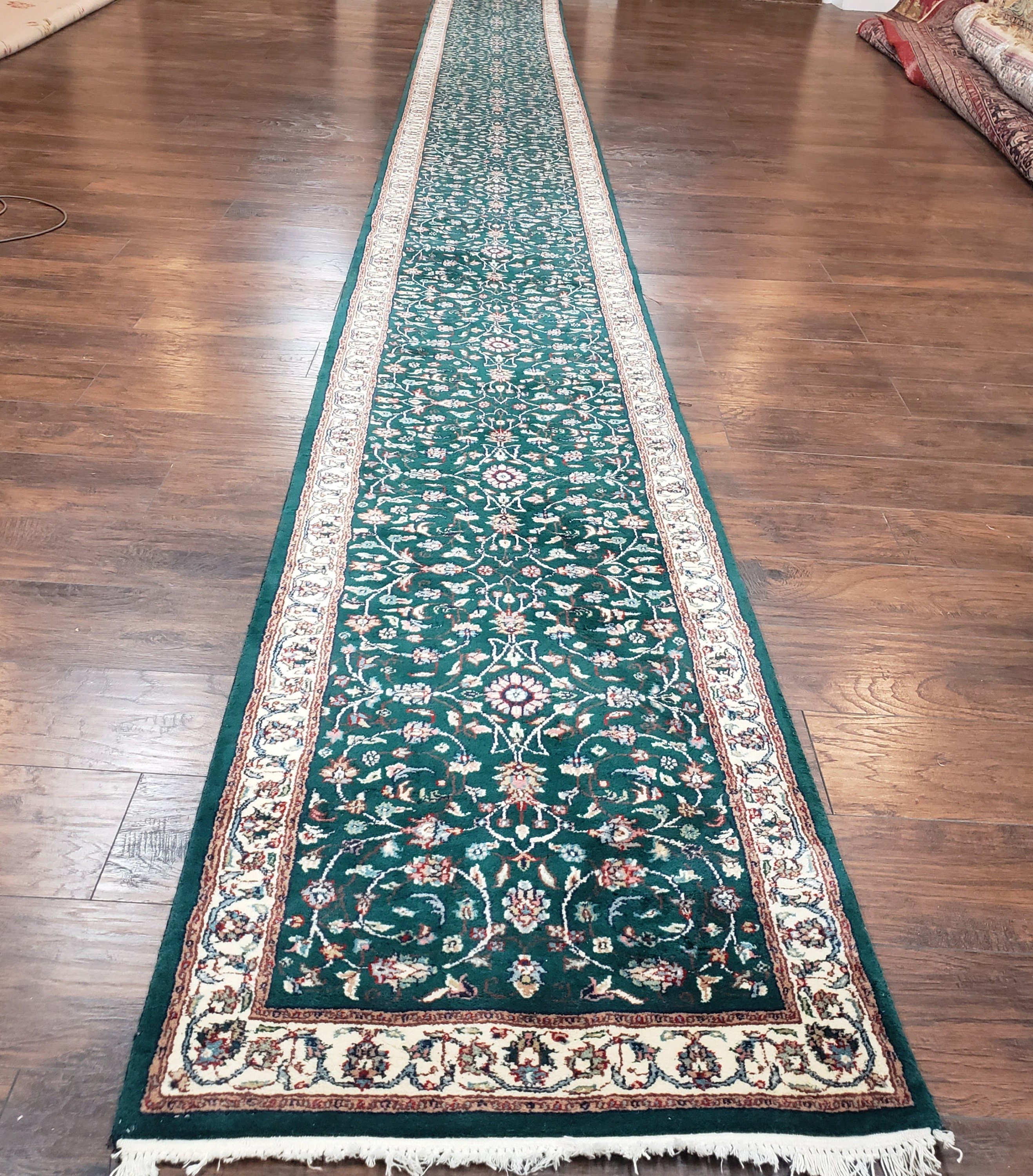 Extra Long Runner Rug 24 Ft, Skinny & Long Rug for Hallway Corridor 2.6 X  24 Indo Persian Vintage Wool Rug Green and Cream Handmade Oriental 
