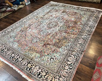インド カシミール シルク ラグ 9 x 12、ヴィンテージ ラグ 9 x