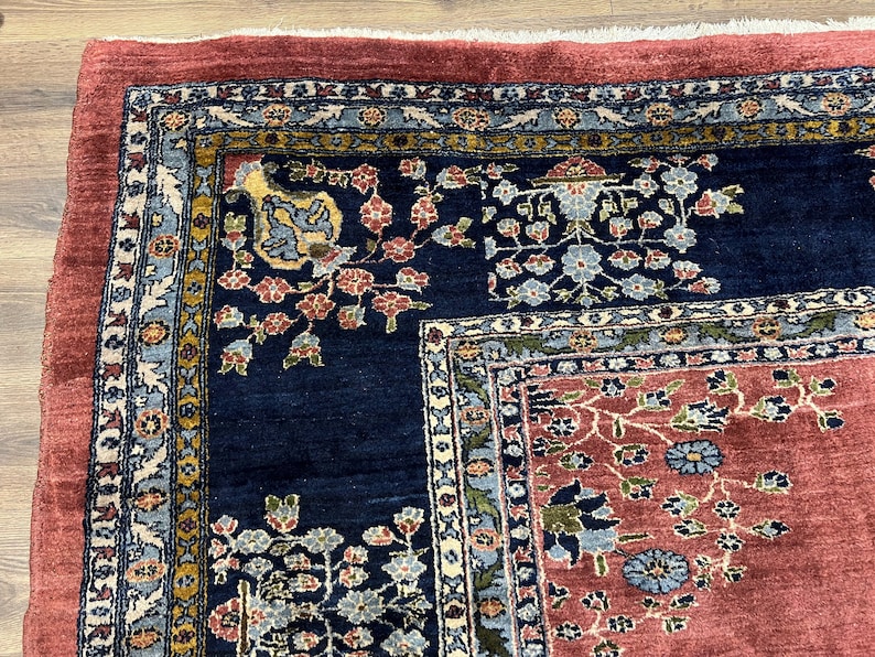 Large Persian Rug 10x17, Open Field, Red and Navy Blue, Palace Sized Oversized Hand Knotted Wool Oriental Carpet Flowers Vases Antique 1920s image 6