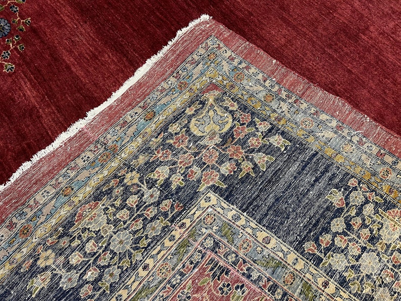 Large Persian Rug 10x17, Open Field, Red and Navy Blue, Palace Sized Oversized Hand Knotted Wool Oriental Carpet Flowers Vases Antique 1920s image 10