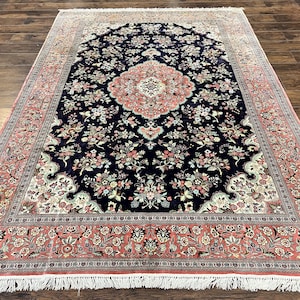 Stunning Silk Persian Rug 7x9, Finely Hand Knotted Navy Blue & Salmon Floral Medallion Authentic Oriental Carpet, Vintage Handmade Silk Rug