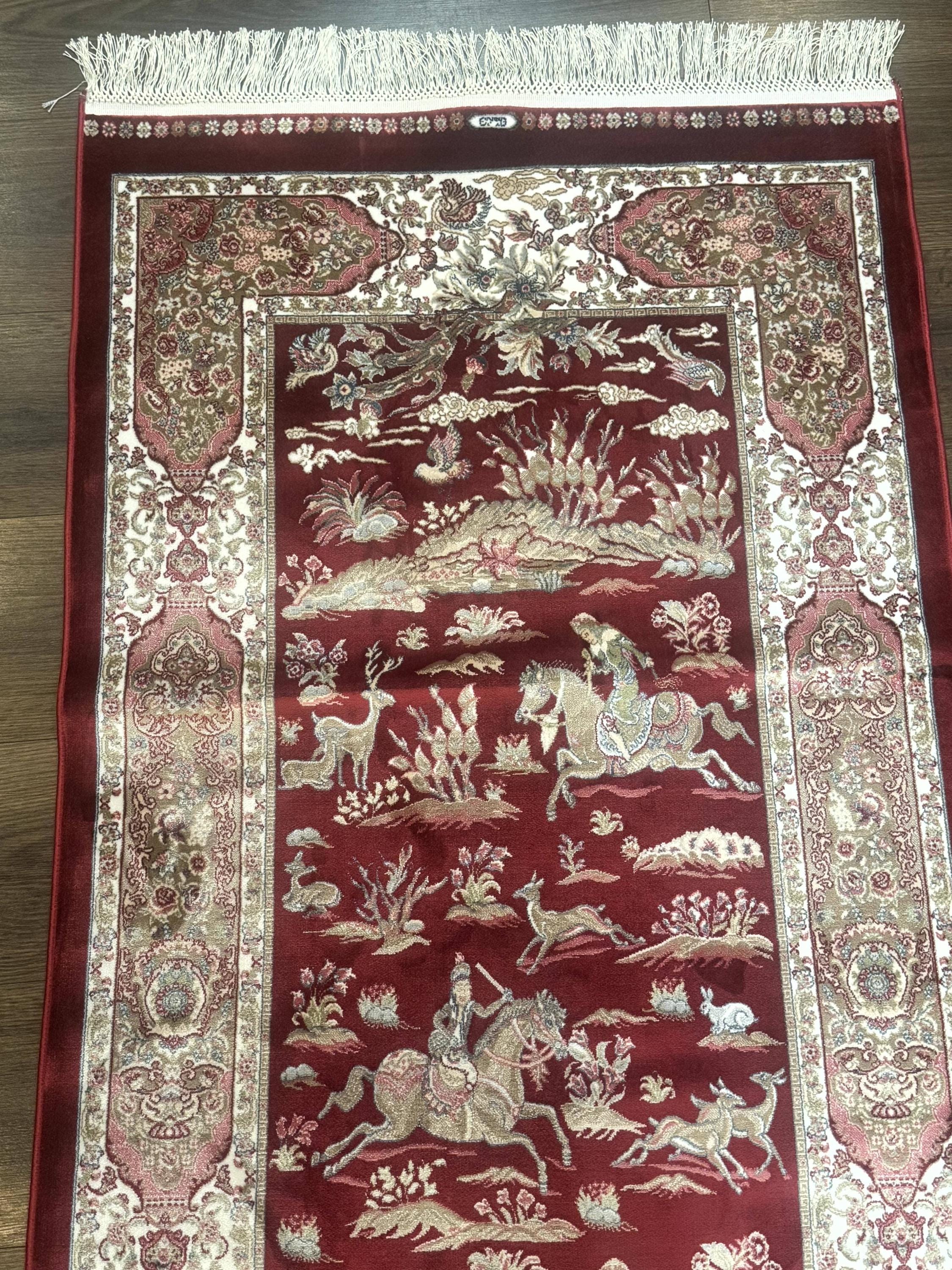 Turkish Silk Rug 2.6 X 6.7, Hunting Design, Short Runner Rug, Red ...